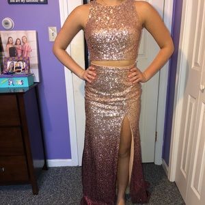 Gold prom dress with a purple/pink bottom